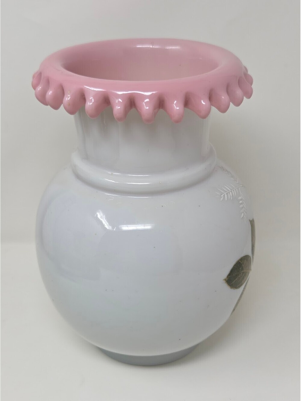 Pink Ruffled Rim Milk Glass Vase Hand Painted Floral Design 10 Inch Decor - Picture 5 of 8